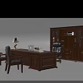 Classic Wooden Office Desk Setup With Leather Chair Bookcase Table Lamp Laptop And Books
