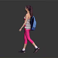 Sporty Female Wearing Striped Tank Top Pink Leggings Purple Sneakers And Blue Backpack
