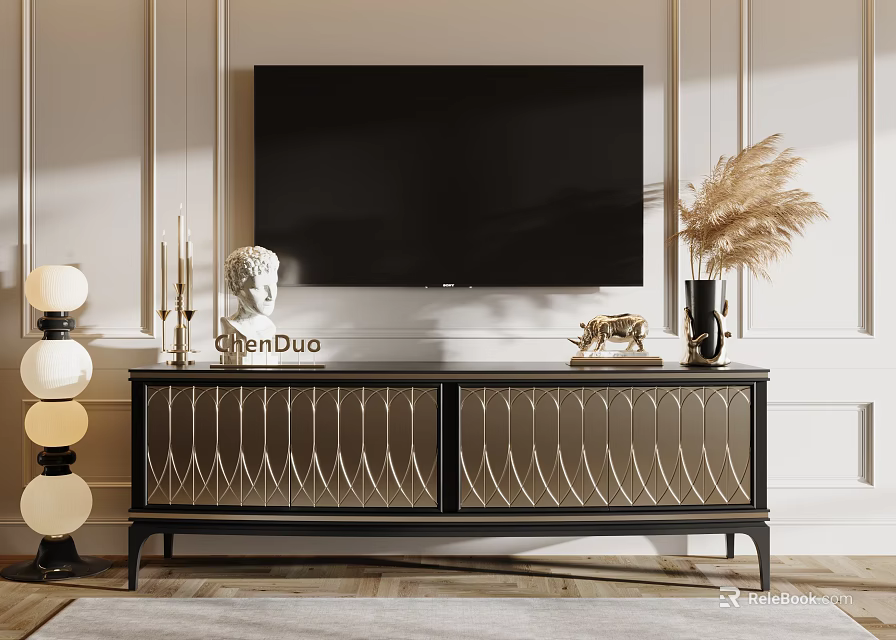 Elegant Modern TV Stand Interior With Black TV Decorative Sculpture And Feather Vase 3d model 