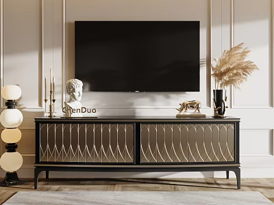 Elegant Modern TV Stand Interior With Black TV Decorative Sculpture And Feather Vase 3d model
