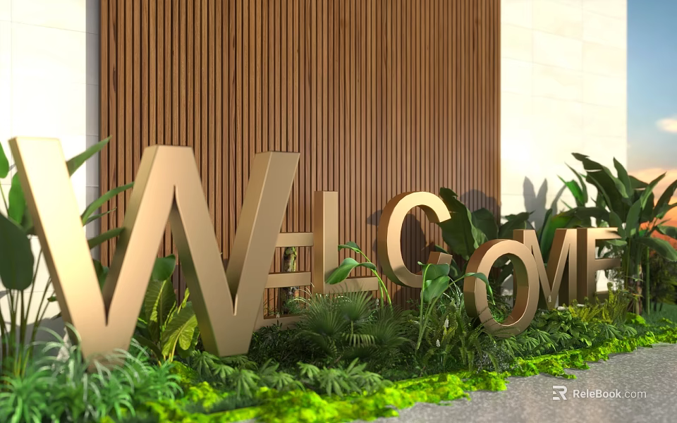Golden Welcome Sign With Green Plants Decorating Modern Entrance Against Wooden Wall 3d model 