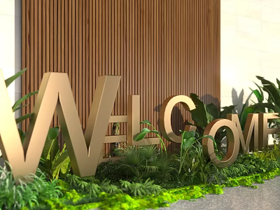 Golden Welcome Sign With Green Plants Decorating Modern Entrance Against Wooden Wall 3d model