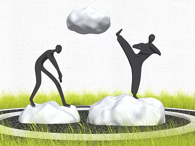 Landscape Sculpture With Black Human Figures on White Stone Bases and Green Grass Surroundings 3d model