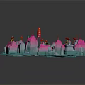 Colorful Whimsical Cartoon Scene With Pink White Geometric Buildings Red Umbrella Structures And Green Towers