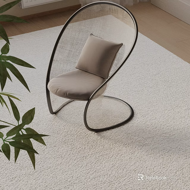 Modern Lounge Chair With Metal Frame Soft Cushion And Green Plants On Rug 3d model 