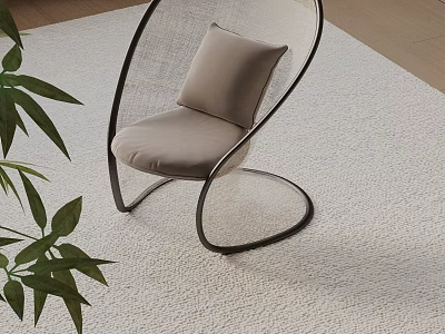 Modern Lounge Chair With Metal Frame Soft Cushion And Green Plants On Rug 3d model