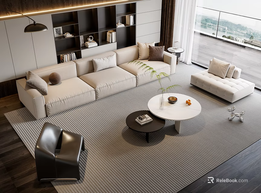 Modern Sofa And Coffee Table Set In Living Room With Beige Upholstery Ottoman And Bookshelves 3d model 