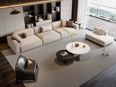 Modern Sofa And Coffee Table Set In Living Room With Beige Upholstery Ottoman And Bookshelves 3d model