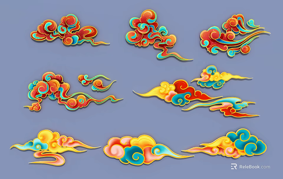 Colorful Cloud Pattern Hanging Pendants with Vibrant Red Blue Yellow Details 3d model