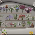 Colorful Floral Arrangements In Decorative Vases On Multiple Layered Shelves