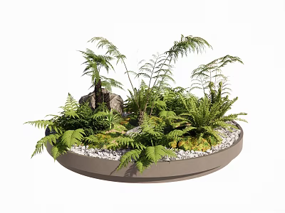 Bonsai Potted Plant With Various Green Ferns Decorative Stones And White Pebbles In Round Container 3d model