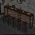 Wooden Bar Counter Featuring Black Metal Frame Stools Laptop Coffee Cups and Green Plant