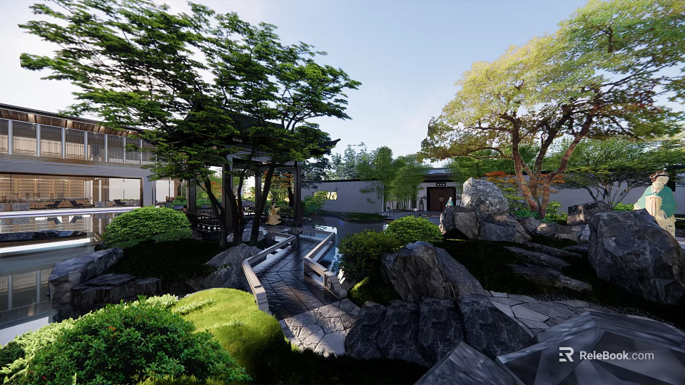 Traditional Garden Landscape With Lush Trees Rocks Pavilion And Stone Path 3d model 