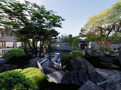 Traditional Garden Landscape With Lush Trees Rocks Pavilion And Stone Path 3d model