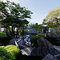 Traditional Garden Landscape With Lush Trees Rocks Pavilion And Stone Path