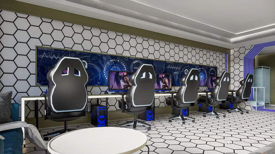 Hotel Guest Room With Gaming Chairs Multiple Monitors Hexagonal Wall And Geometric Floor Design 3d model 