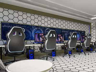 Hotel Guest Room With Gaming Chairs Multiple Monitors Hexagonal Wall And Geometric Floor Design 3d model