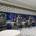 Hotel Guest Room With Gaming Chairs Multiple Monitors Hexagonal Wall And Geometric Floor Design