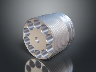 Silver Cylindrical Metal Part With Threaded Surface And Circular Holes On Reflective Base 3d model