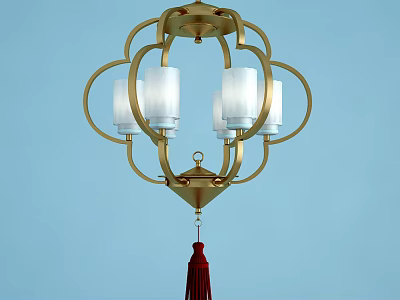 Elegant Gold Frame Chandelier With White Glass Shades And Red Tassel 3d model