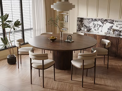 Modern Round Wooden Dining Table Set With Six Light Chairs Pendant Light And Green Plant 3d model