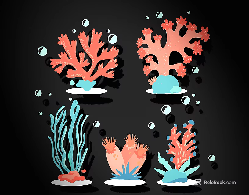 Vibrant Coral Seagrass Wall Decor with Bubbles on Black Background 3d model 