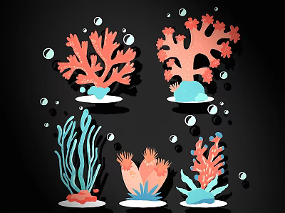 Vibrant Coral Seagrass Wall Decor with Bubbles on Black Background 3d model