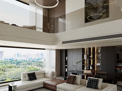 Modern Open Concept Living Dining Room Interior With White Sofa And City View Windows 3d model