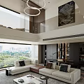 Modern Open Concept Living Dining Room Interior With White Sofa And City View Windows