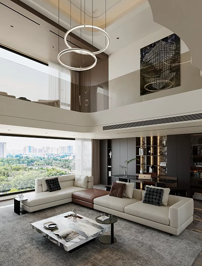 Modern Open Concept Living Dining Room Interior With White Sofa And City View Windows 3d model