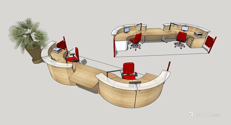 Modern Curved Reception Desk With Wooden Surface Red Chairs And Computers In Office 3d model 
