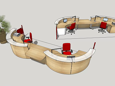 Modern Curved Reception Desk With Wooden Surface Red Chairs And Computers In Office 3d model