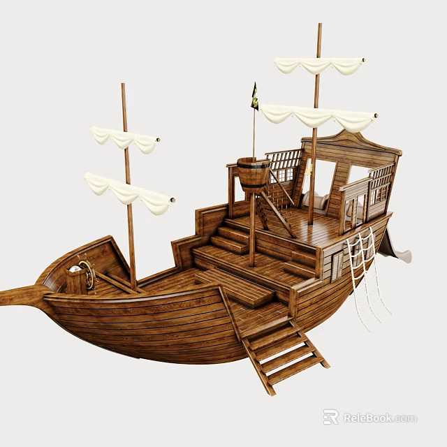 Wooden Sailing Ship Model With White Sails Deck Staircase And Railing Details 3d model 