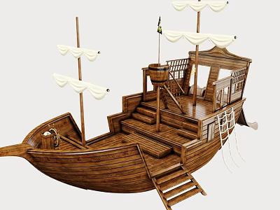 Wooden Sailing Ship Model With White Sails Deck Staircase And Railing Details 3d model