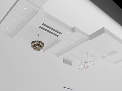 White Ceiling Design With Recessed Lighting Decorative Moldings Central Chandelier And Circular Pendant Decorations 3d model
