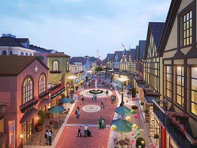 Vibrant Commercial Street with Colorful Buildings Pedestrians Circular Plaza Street Lamps and Outdoor Cafes 3d model