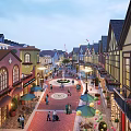 Vibrant Commercial Street with Colorful Buildings Pedestrians Circular Plaza Street Lamps and Outdoor Cafes