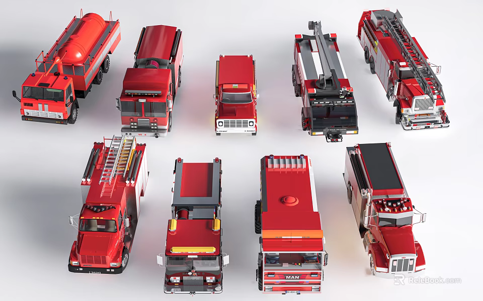 Red Fire Trucks Collection Featuring Various Emergency Vehicle Designs and Models 3d model