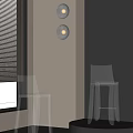 Modern Transparent Dining Table And Chairs With Window And Round Wall Lamps