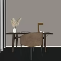 Wooden Desk With Beige Chair Gold Lamp Dried Flowers Open Book And Cups