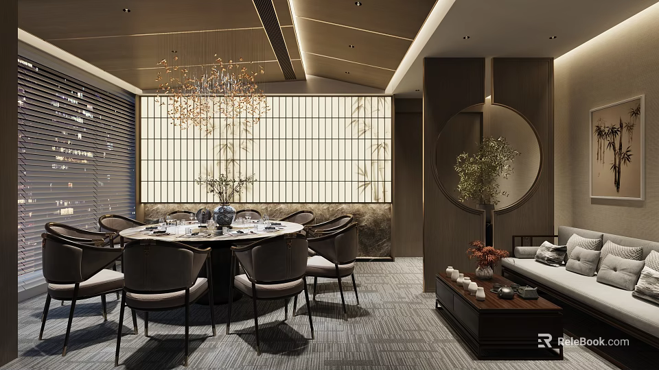 Elegant Chinese Modern Private Dining Room With Round Table Chandelier And Wooden Screen 3d model 