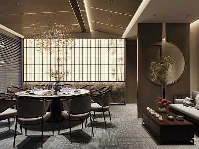 Elegant Chinese Modern Private Dining Room With Round Table Chandelier And Wooden Screen 3d model