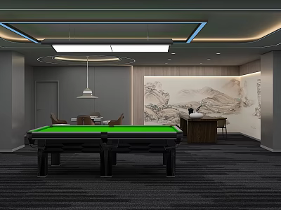 Elegant Billiard Room Interior With Green Felt Pool Table Wooden Cabinet And Mountain Painting 3d model