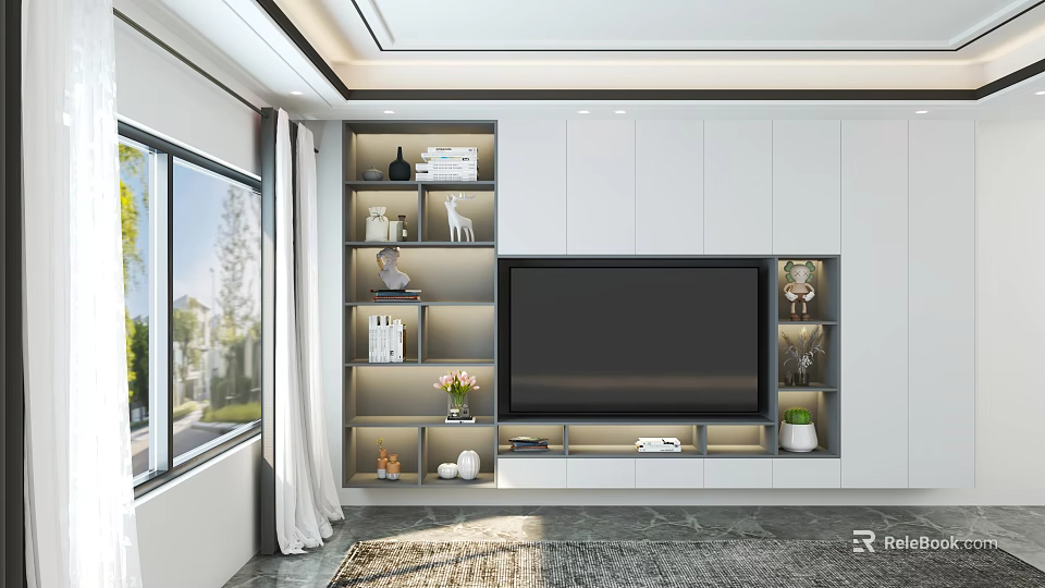 Modern TV Stand with Storage Shelves Decorative Items Flower Vase in Bright Living Room Interior 3d model 