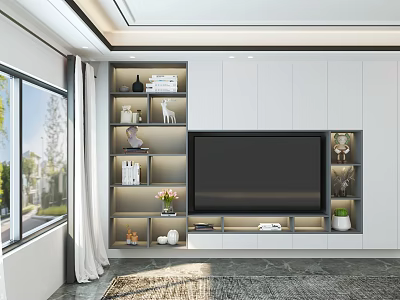 Modern TV Stand with Storage Shelves Decorative Items Flower Vase in Bright Living Room Interior 3d model