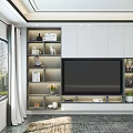 Modern TV Stand with Storage Shelves Decorative Items Flower Vase in Bright Living Room Interior