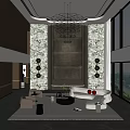 Duplex Living Room Interior With Crystal Chandelier Marble Walls And Floor To Ceiling Windows