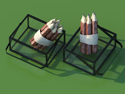 Brown Pencils Bound With White Straps In Black Metal Frame Boxes Two On Green Background 3d model