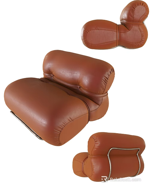Modern Brown Leather Single Sofa With Stitched Details And Curved Armrest Design 3d model 
