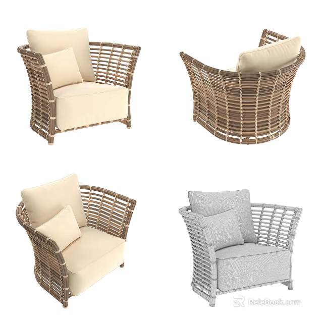 Wicker Outdoor Sofa Featuring Beige and Gray Cushions in Various Angles 3d model